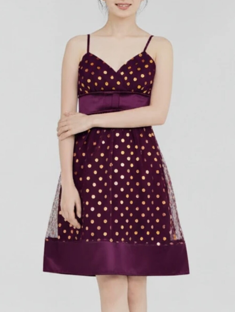 Y2K Purple Gold Polka Dot Satin Bow Front Babydoll Mini Dress